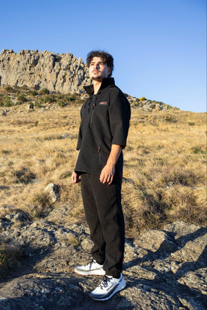 Lonely Track Wilder II bush shirt in black - men's 3/4 sleeve Tricot fleece